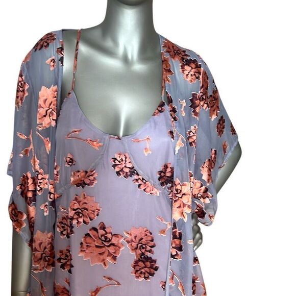 For Love & Lemons Purple Floral Mini Slip Dress & Sheer Kimono Duster Set O/S & - Picture 2 of 15